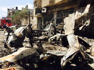 The remains of an ambulance hit during the shelling of Shajaira