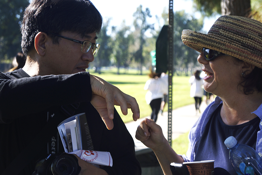 Don Kim, photojournalist from Korean News Agency and Rima Nashashibi Advisory Board for UNRWA USA at the Gaza5k Orange County/LA Race, at Mile Square Park on October 24, 2-15, donation drive for Mental Health Programs in Gaza, Palestine, sponsored by UNRAWAUSA, with the participation of the Palestinian suppoters community, at at Fountain Valley, Calif photo/Marivel Guzman